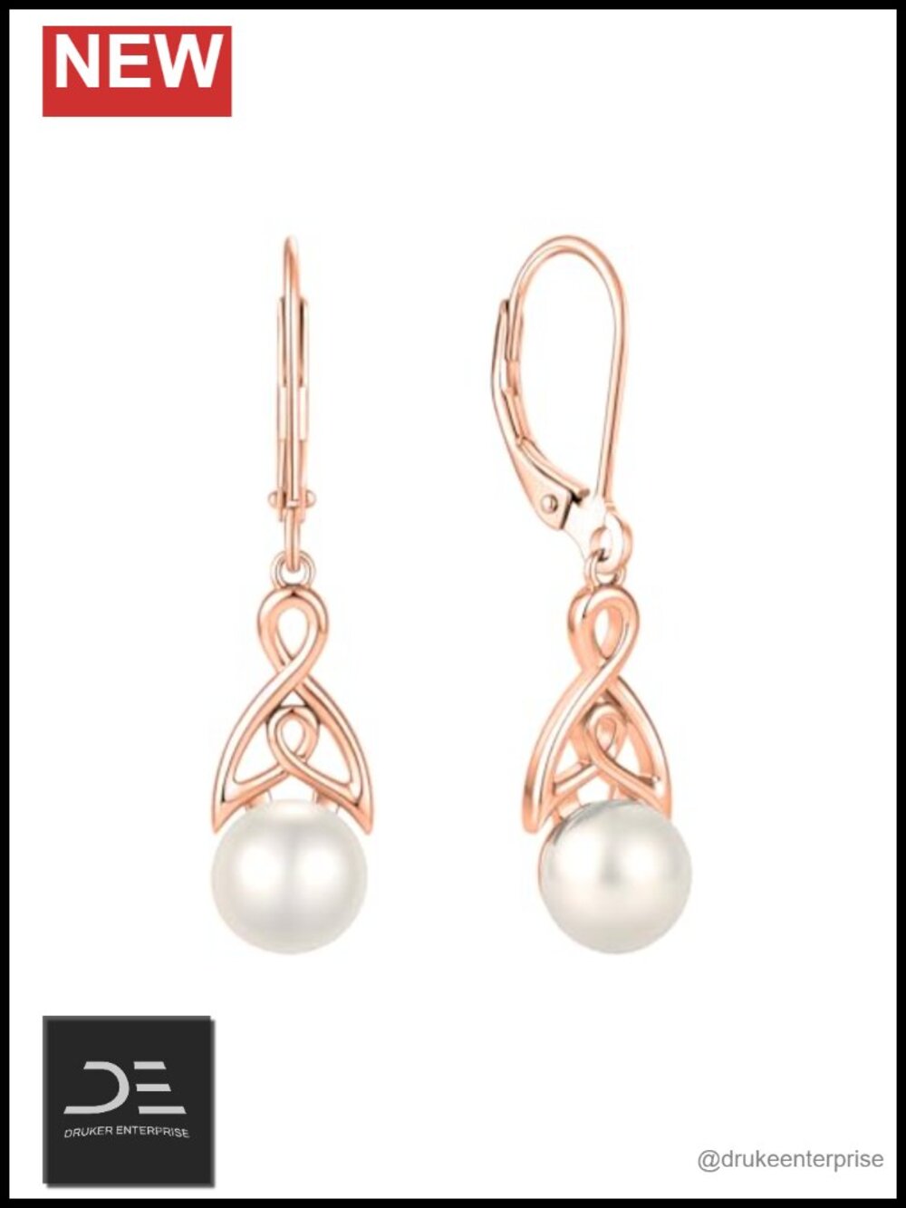Freshwater Pearl Drop Earrings 8MM Lever Back 18K Rose Gold Plated Brass